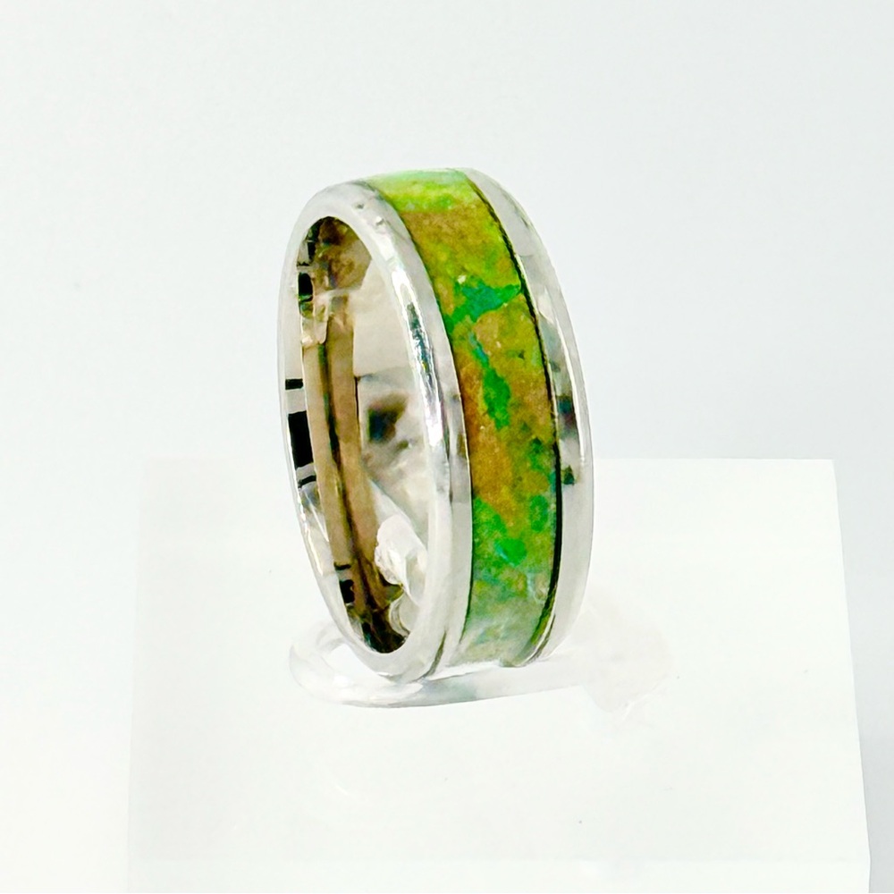 Vibrant Green Inlay Silver Band Ring size 10 #003